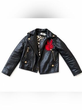 Lola + The Boys Black Faux Leather Moto Jacket with Awesome Patches ✌️ 😍 4T